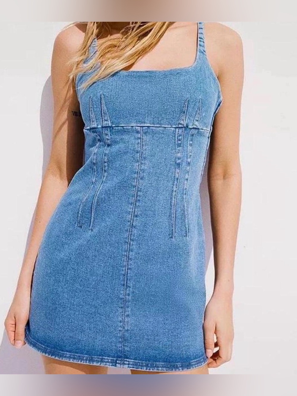 BDG Scoop Neck Structured Stretchy Seamed   Blue Denim Strappy Mini Dress SZ.S